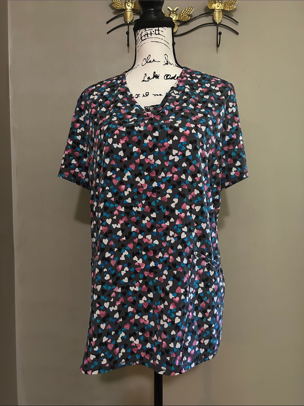 ScrubStar l, Hearts Print V Neck Scrub Top.